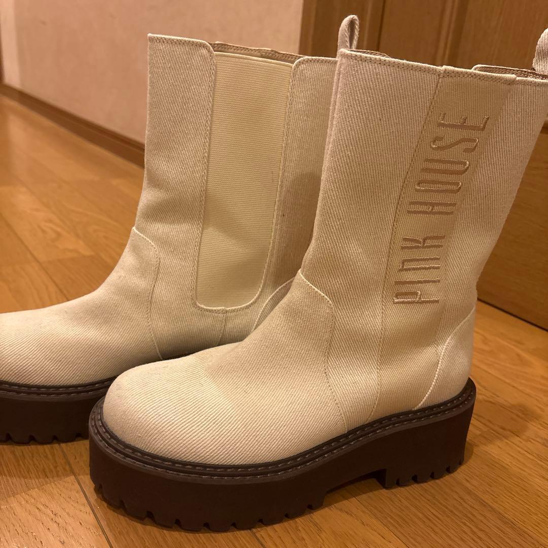 ピンクハウス♡厚底デニム配色ロゴブーツ定価36,800円 セール】 ロゴ刺繍配色デニムブーツ （ブーツ（ショート丈））｜PINK