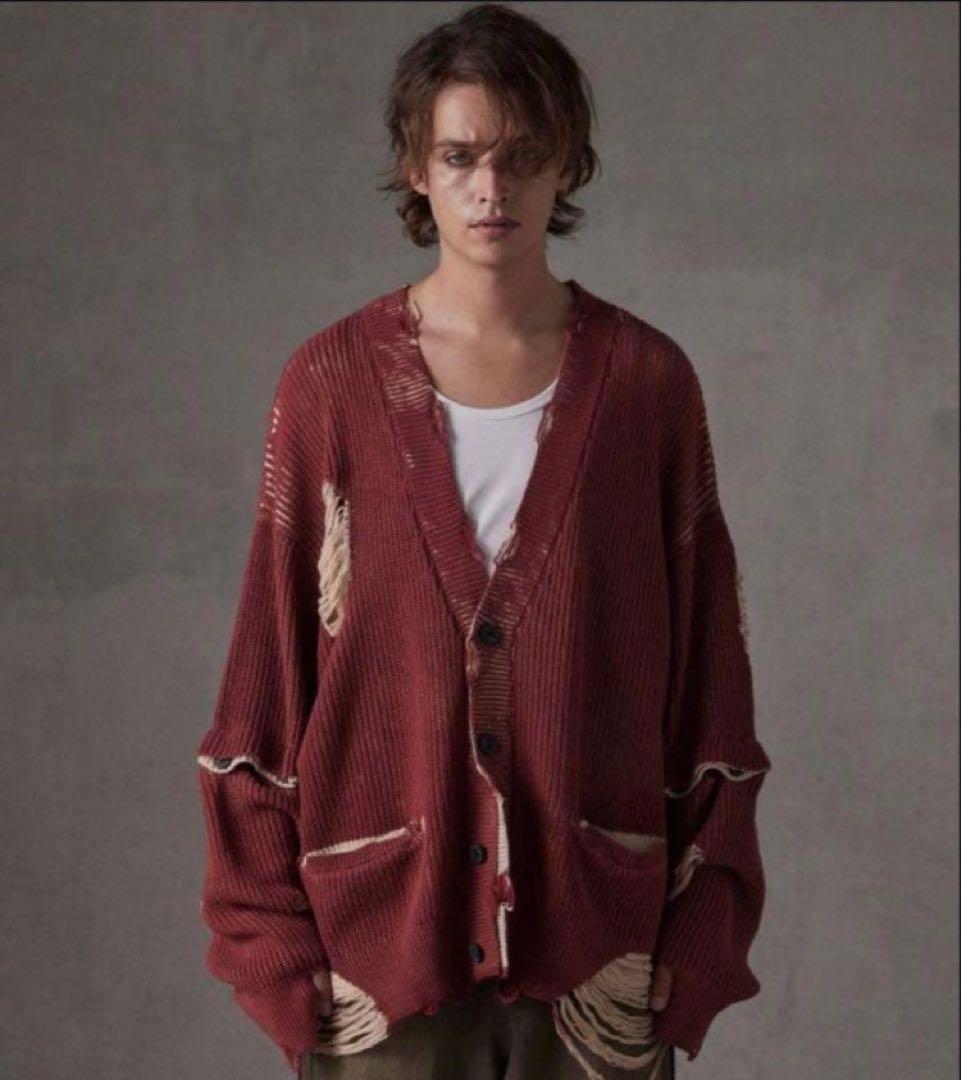 【GRANCY】 Lサイズ ディストラクションデザインビッグカーディガン 赤 10-192917-2.jpg