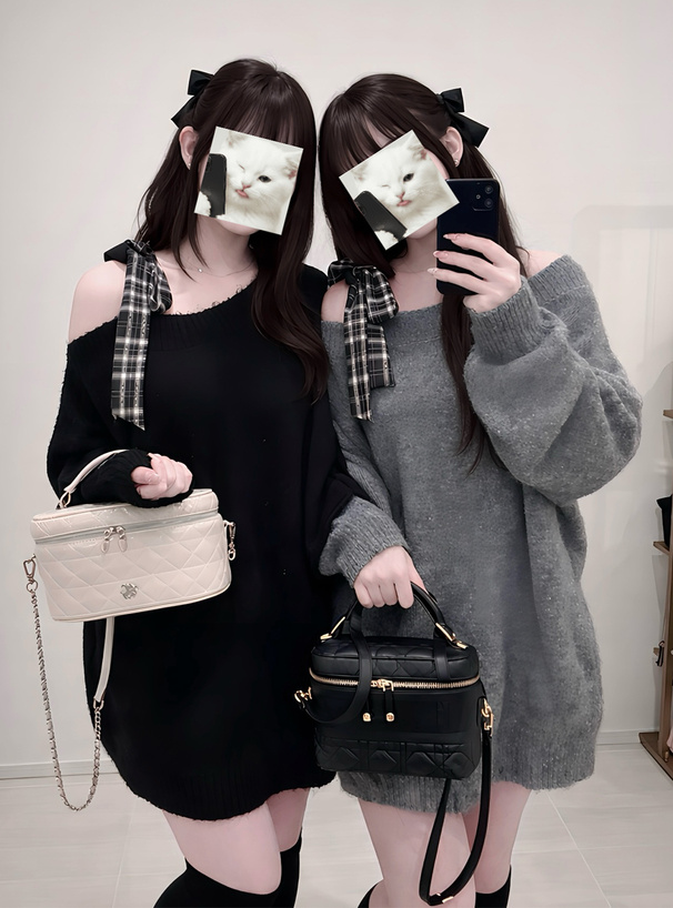 チェックリボンワンショルダーニットミニワンピース[dr831